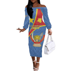 Personalised DR Congo Off The Shoulder Long Sleeve Dress Coat Of Arms With Map