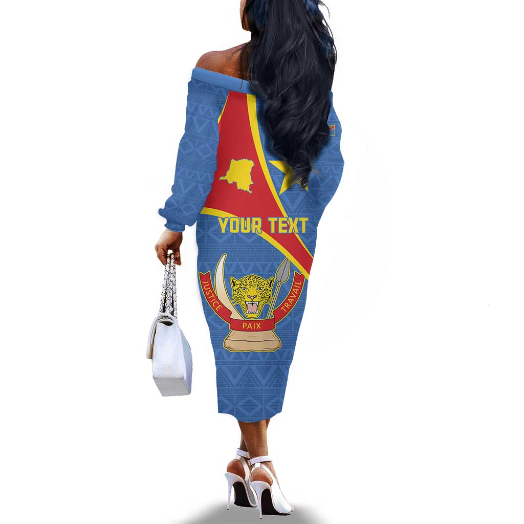 Personalised DR Congo Off The Shoulder Long Sleeve Dress Coat Of Arms With Map