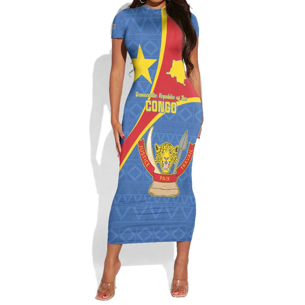 Personalised DR Congo Short Sleeve Bodycon Dress Coat Of Arms With Map
