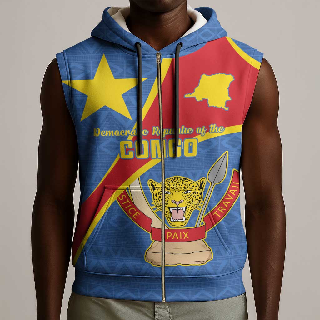 Personalised DR Congo Sleeveless Zip Hoodie Coat Of Arms With Map - African Pride