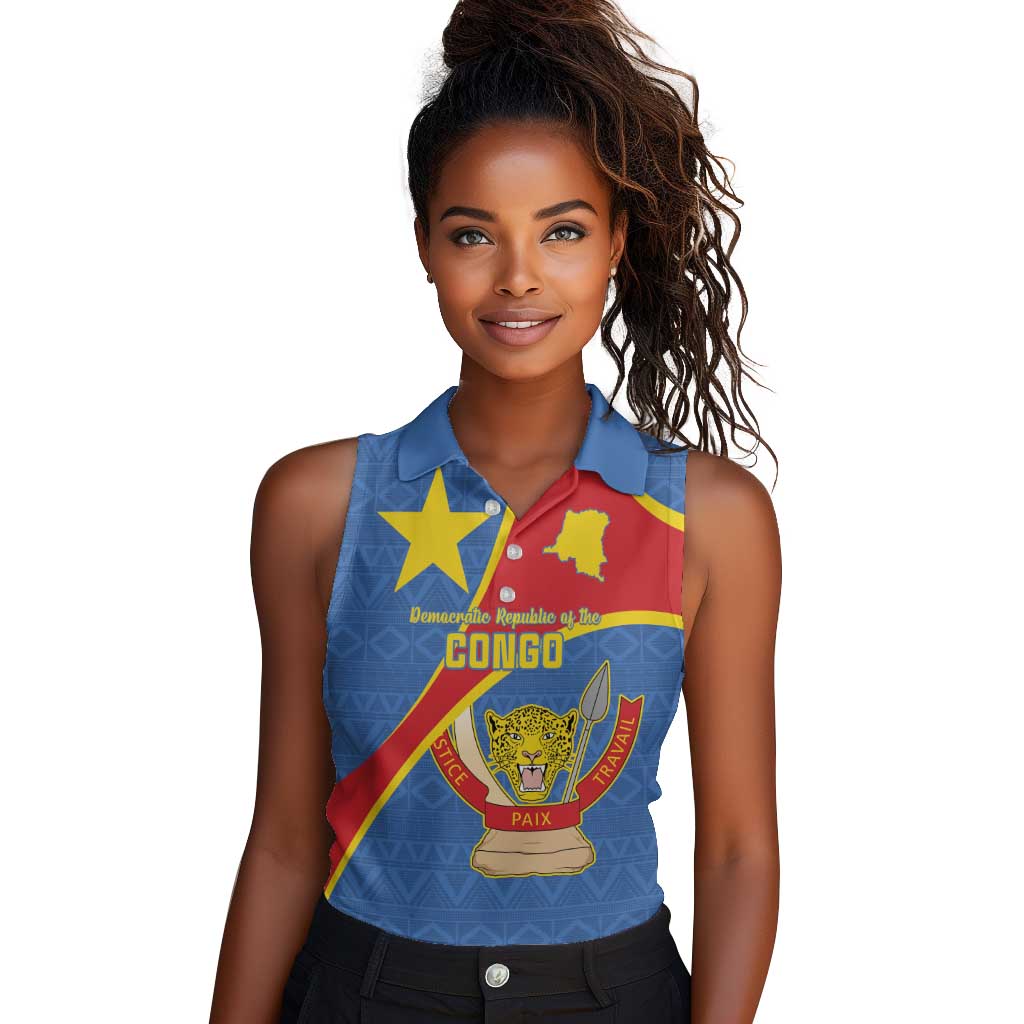 Personalised DR Congo Women Sleeveless Polo Shirt Coat Of Arms With Map