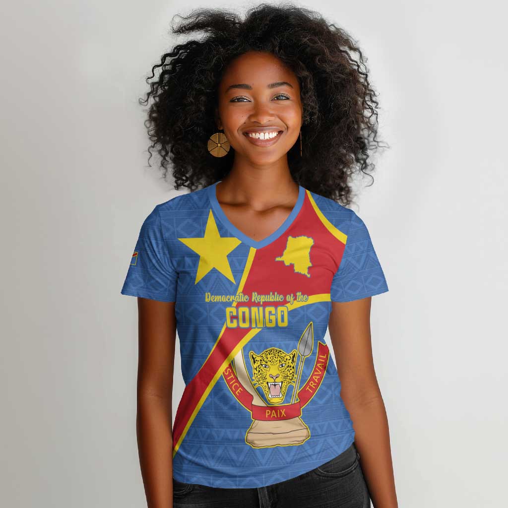 Personalised DR Congo Women V-Neck T-Shirt Coat Of Arms With Map