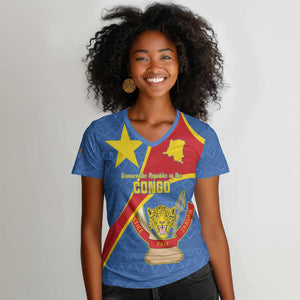 Personalised DR Congo Women V-Neck T-Shirt Coat Of Arms With Map