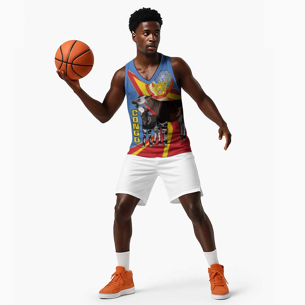 DR Congo Basketball Jersey Okapi Coat Of Arms - African Pride