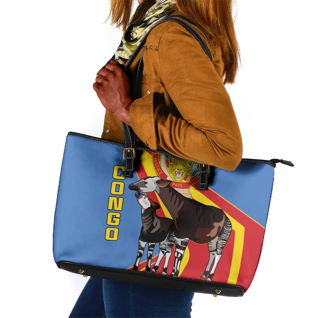 DR Congo Leather Tote Bag Okapi Coat Of Arms