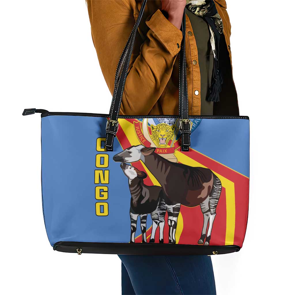 DR Congo Leather Tote Bag Okapi Coat Of Arms