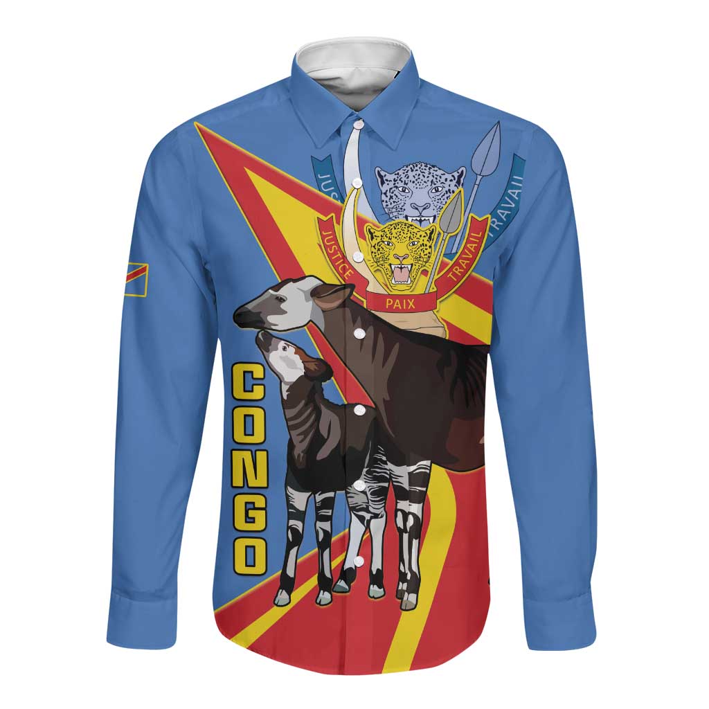 DR Congo Long Sleeve Button Shirt Okapi Coat Of Arms
