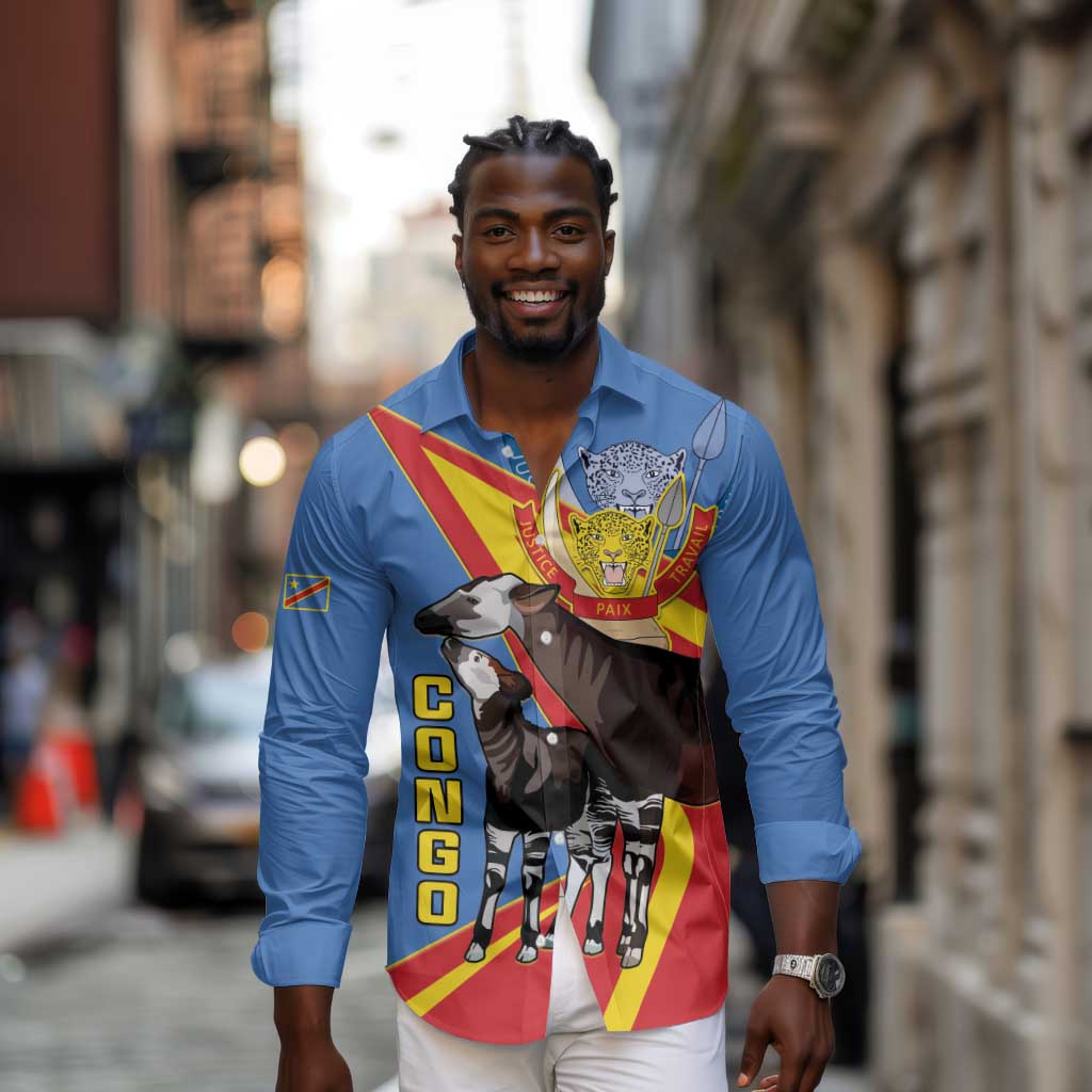 DR Congo Long Sleeve Button Shirt Okapi Coat Of Arms