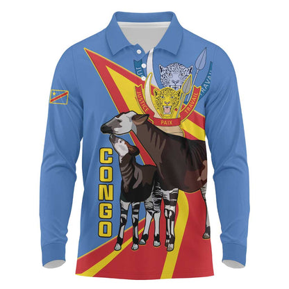 DR Congo Long Sleeve Polo Shirt Okapi Coat Of Arms