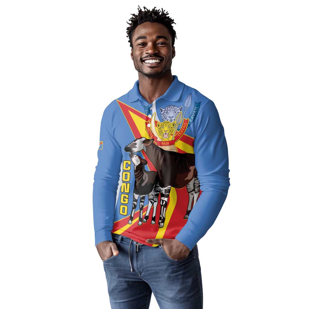DR Congo Long Sleeve Polo Shirt Okapi Coat Of Arms
