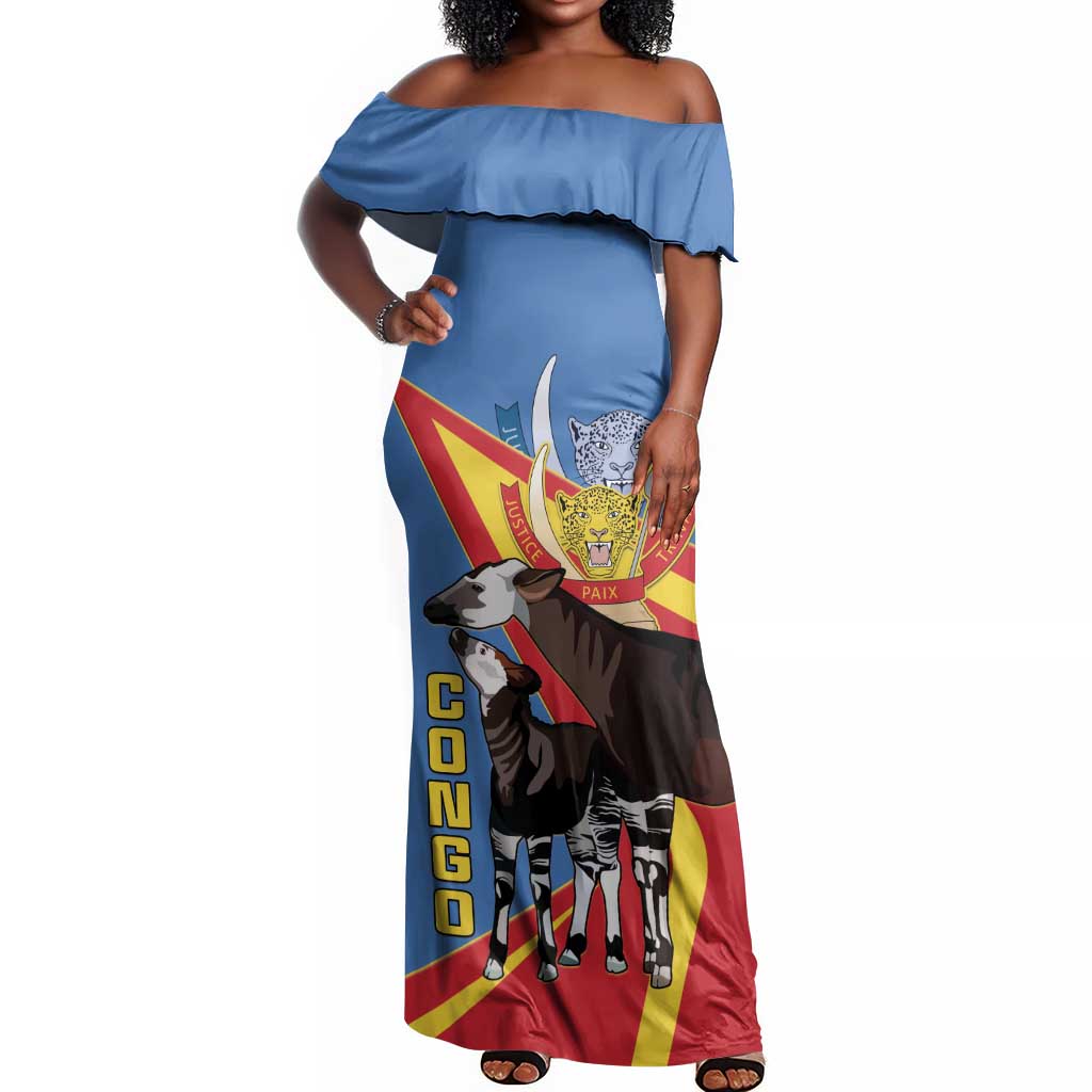 DR Congo Off Shoulder Maxi Dress Okapi Coat Of Arms