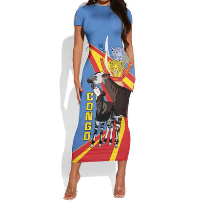 DR Congo Short Sleeve Bodycon Dress Okapi Coat Of Arms LT15