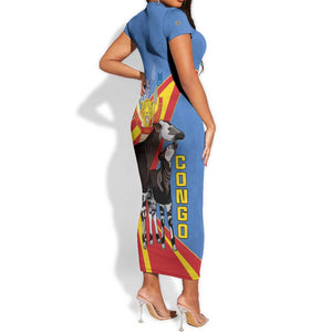 DR Congo Short Sleeve Bodycon Dress Okapi Coat Of Arms LT15