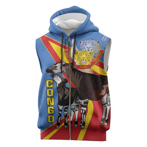 DR Congo Sleeveless Zip Hoodie Okapi Coat Of Arms - African Pride