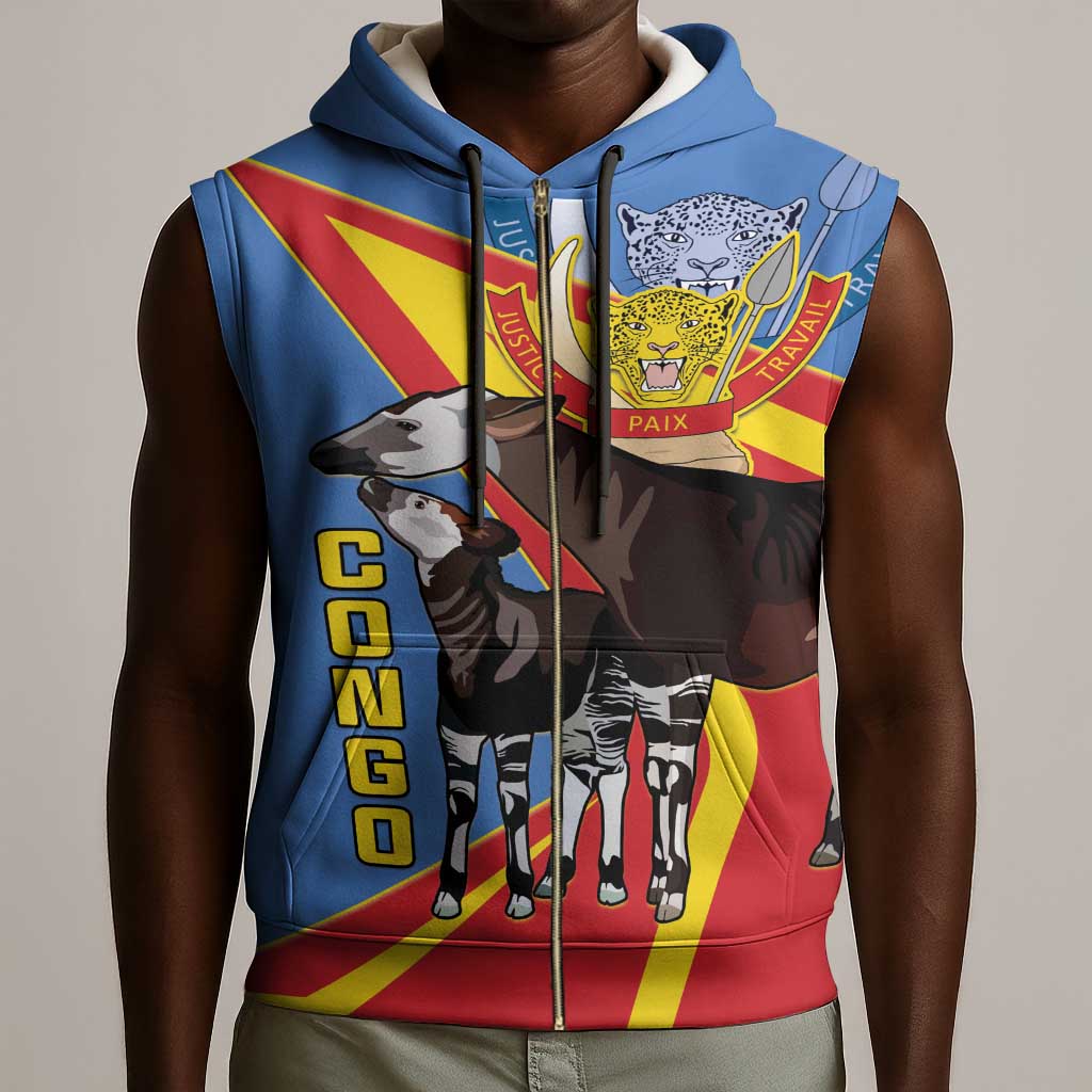 DR Congo Sleeveless Zip Hoodie Okapi Coat Of Arms - African Pride