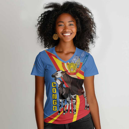 DR Congo Women V-Neck T-Shirt Okapi Coat Of Arms