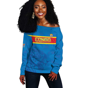 DR Congo Football Custom Off Shoulder Sweater Go Champions