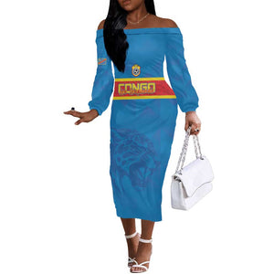 DR Congo Football Custom Off The Shoulder Long Sleeve Dress Go Champions