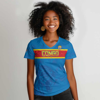 DR Congo Football Custom Women V-Neck T-Shirt Go Champions