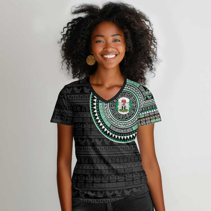 Nigeria African Tribal Pattern Women V-Neck T-Shirt Chest Arm Tattoo