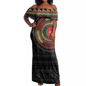 Cameroon African Tribal Pattern Off Shoulder Maxi Dress Chest Arm Tattoo