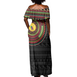 Cameroon African Tribal Pattern Off Shoulder Maxi Dress Chest Arm Tattoo
