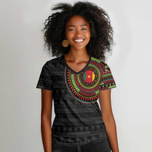 Cameroon African Tribal Pattern Women V-Neck T-Shirt Chest Arm Tattoo