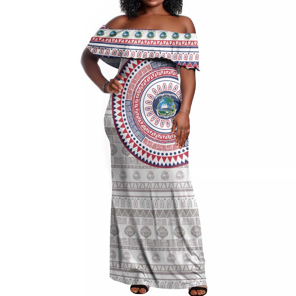 Liberia African Tribal Pattern Off Shoulder Maxi Dress Chest Arm Tattoo