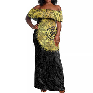Eritrea African Tribal Mix Paisley Pattern Off Shoulder Maxi Dress Chest Arm Tattoo