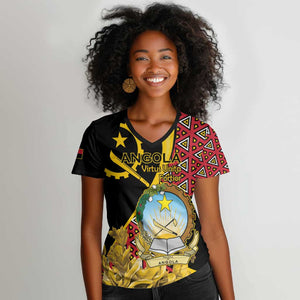 Personalized República de Angola Women V-Neck T-Shirt Coat Of Arms With Map