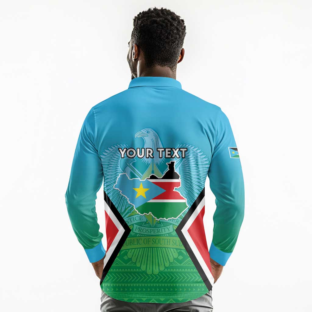 Personalised South Sudan Long Sleeve Polo Shirt Coat Of Arms - Happy Independence Day