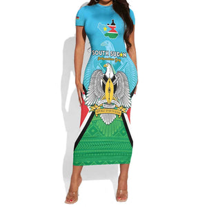 Personalised South Sudan Short Sleeve Bodycon Dress Coat Of Arms - Happy Independence Day LT15