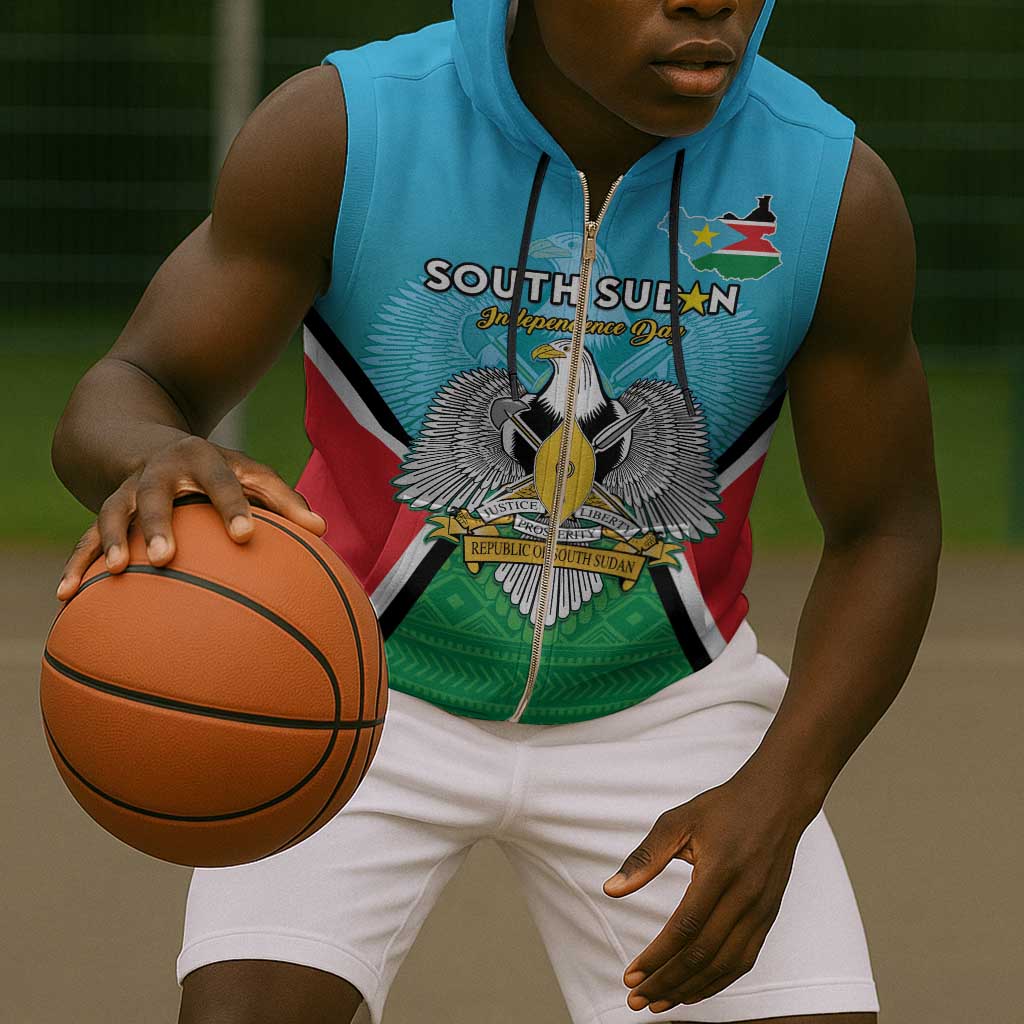 Personalised South Sudan Sleeveless Zip Hoodie Coat Of Arms - Happy Independence Day - African Pride
