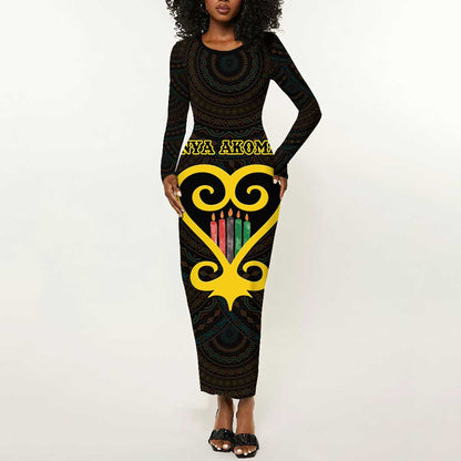 Personalized African-American Black Love Day Long Sleeve Bodycon Dress Sankofa Heart - Nya Akoma LT15