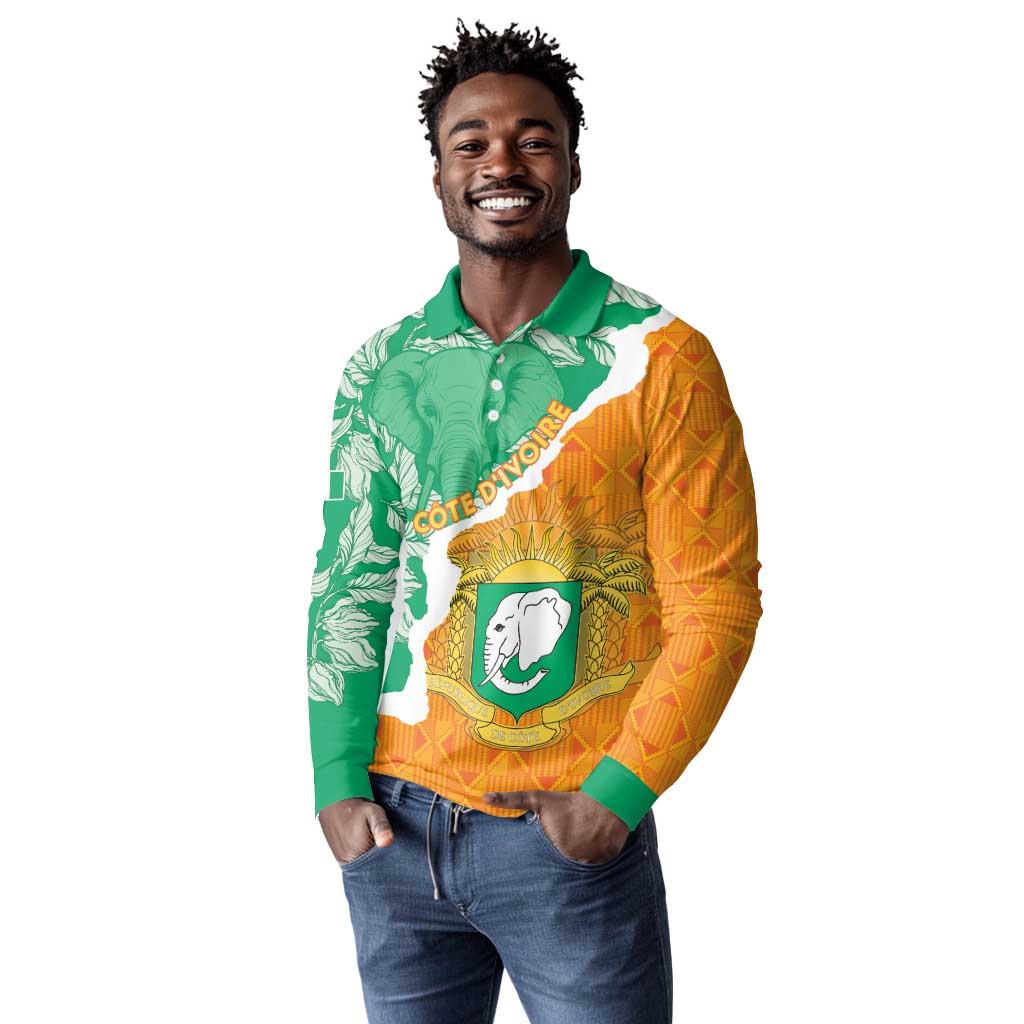 Personalized Afro Ivory Coast Long Sleeve Polo Shirt Coat Of Arms With Kente Pattern
