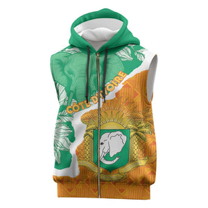 Personalized Afro Ivory Coast Sleeveless Zip Hoodie Coat Of Arms With Kente Pattern - African Pride