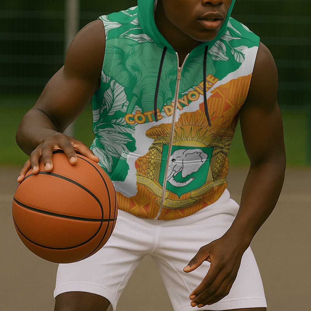 Personalized Afro Ivory Coast Sleeveless Zip Hoodie Coat Of Arms With Kente Pattern - African Pride