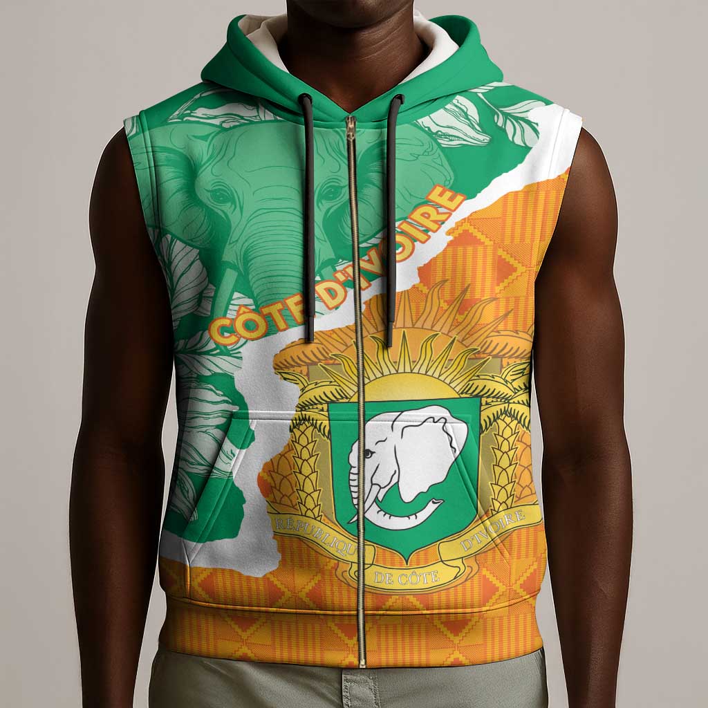 Personalized Afro Ivory Coast Sleeveless Zip Hoodie Coat Of Arms With Kente Pattern - African Pride