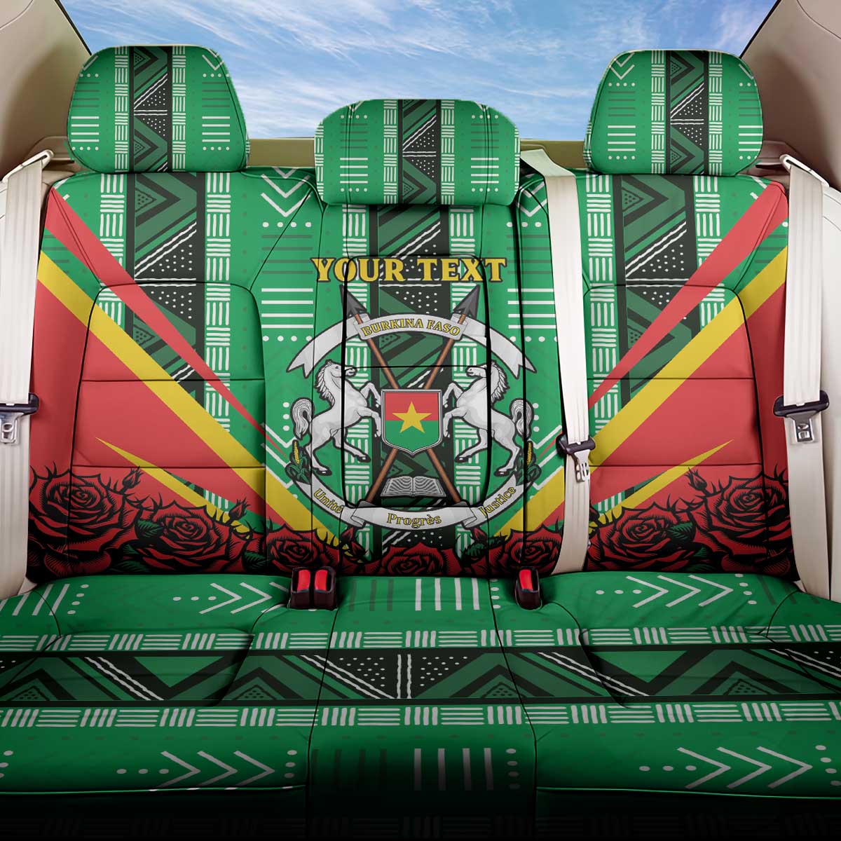 Personalised Afro Burkina Faso Back Car Seat Cover Coat Of Arms With Rose