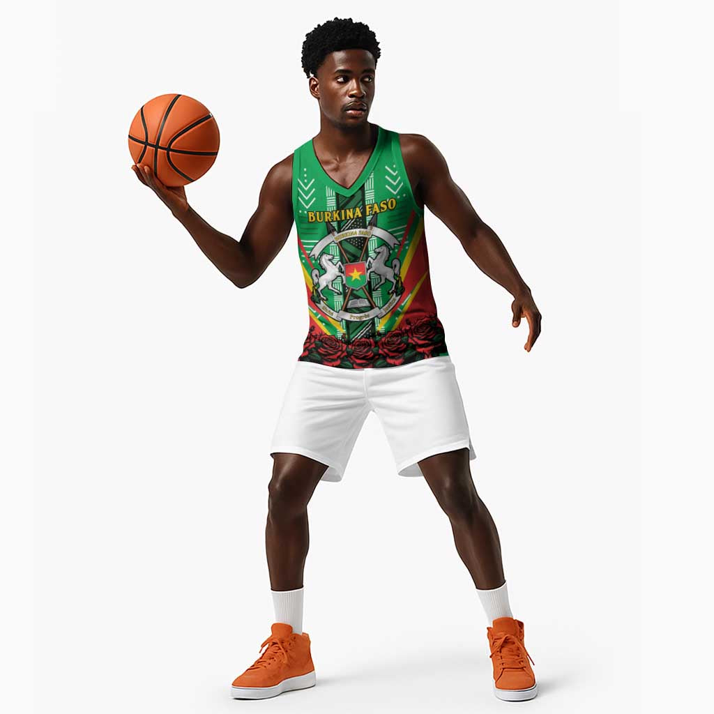 Personalised Afro Burkina Faso Basketball Jersey Coat Of Arms With Rose - African Pride