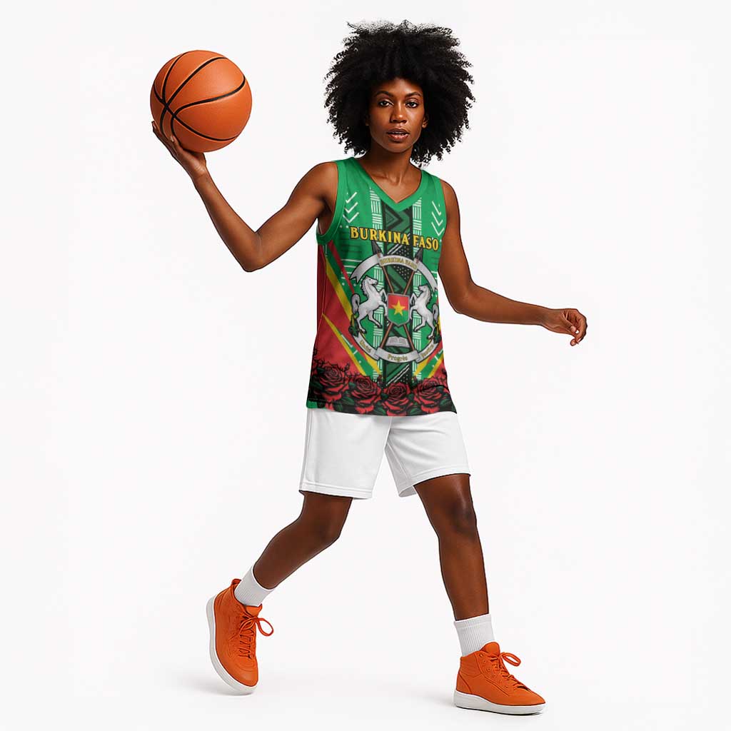 Personalised Afro Burkina Faso Basketball Jersey Coat Of Arms With Rose - African Pride