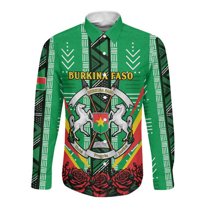 Personalised Afro Burkina Faso Long Sleeve Button Shirt Coat Of Arms With Rose