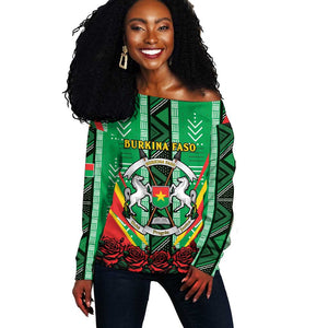 Personalised Afro Burkina Faso Off Shoulder Sweater Coat Of Arms With Rose