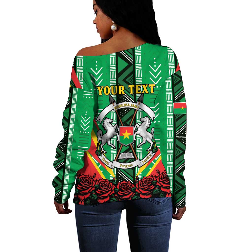 Personalised Afro Burkina Faso Off Shoulder Sweater Coat Of Arms With Rose