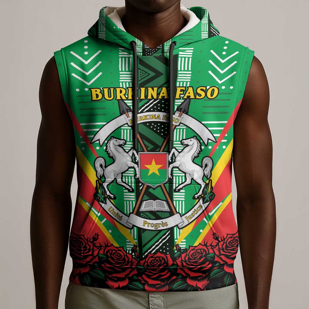 Personalised Afro Burkina Faso Sleeveless Hoodie Coat Of Arms With Rose - African Pride