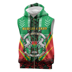 Personalised Afro Burkina Faso Sleeveless Zip Hoodie Coat Of Arms With Rose - African Pride