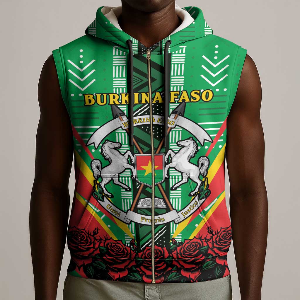 Personalised Afro Burkina Faso Sleeveless Zip Hoodie Coat Of Arms With Rose - African Pride