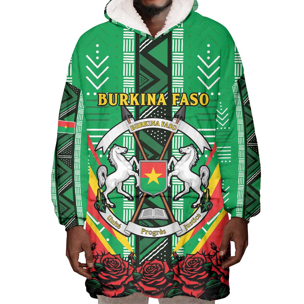 Personalised Afro Burkina Faso Wearable Blanket Hoodie Coat Of Arms With Rose