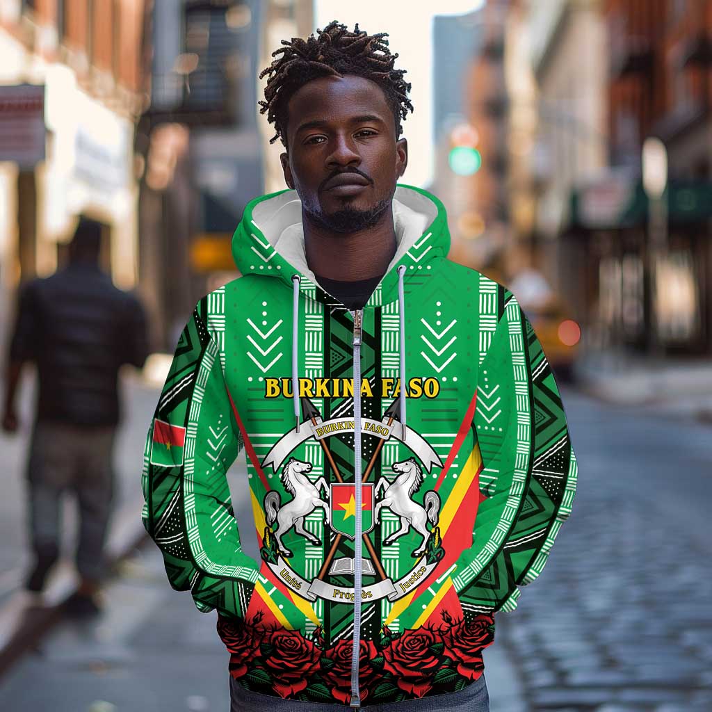 Personalised Afro Burkina Faso Zip Hoodie Coat Of Arms With Rose