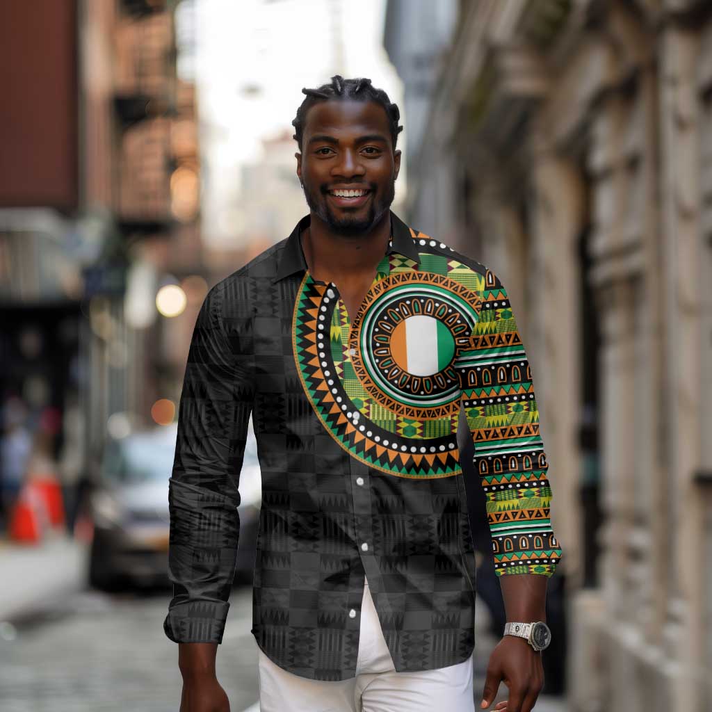 Ivory Coast African Tribal Pattern Long Sleeve Button Shirt Chest Arm Tattoo